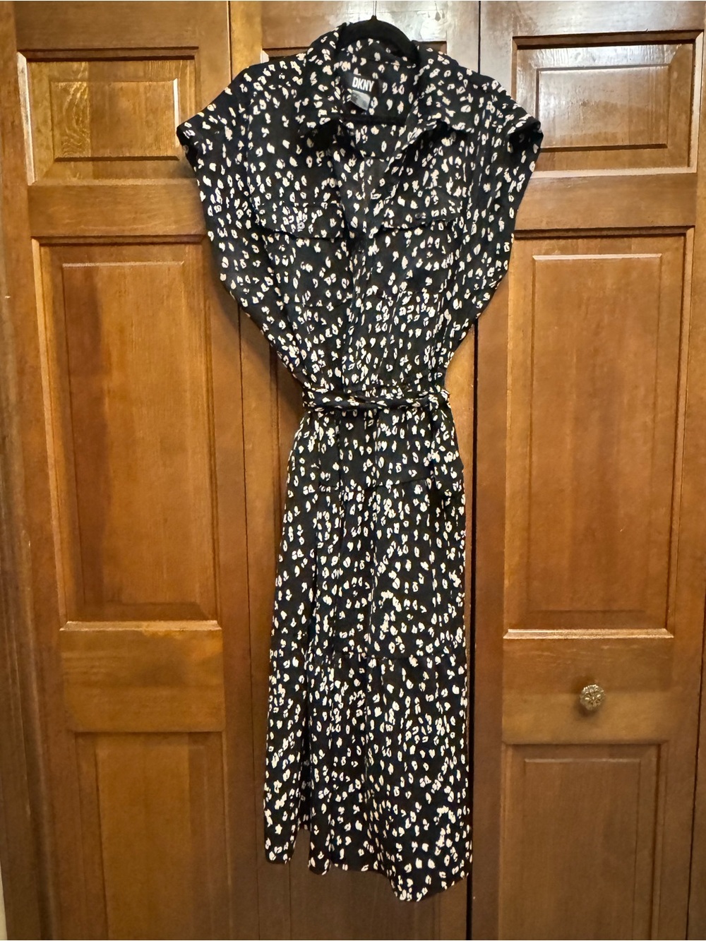 Dkny Black Dress with White Abstract Print and Tie Waist